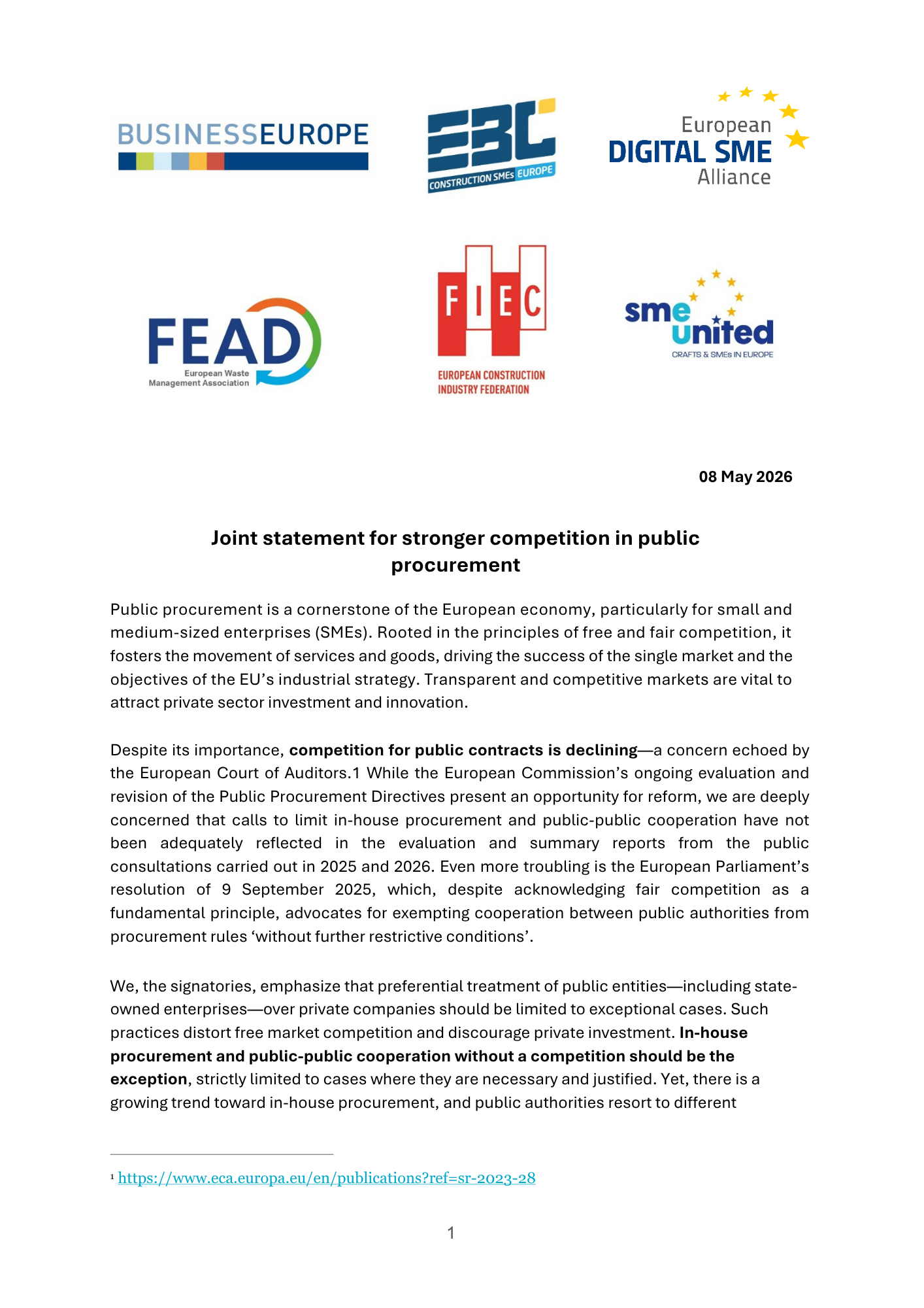 Competition General Statement Joint statement for stronger competition in public procurement | SMEunited